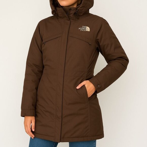 The North Face Arctic Parka Jacket Coat Brown Mid Length Goose Down Size Small - Picture 1 of 11